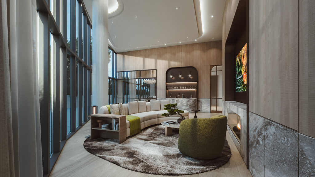 Elegant reception area and lounge in Bayview Woods featuring high ceilings and modern décor.