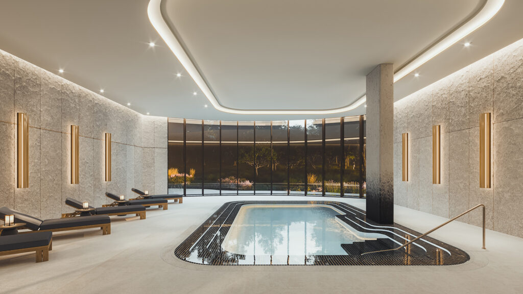 Luxurious indoor pool area at Bayview Woods with modern wellness amenities.