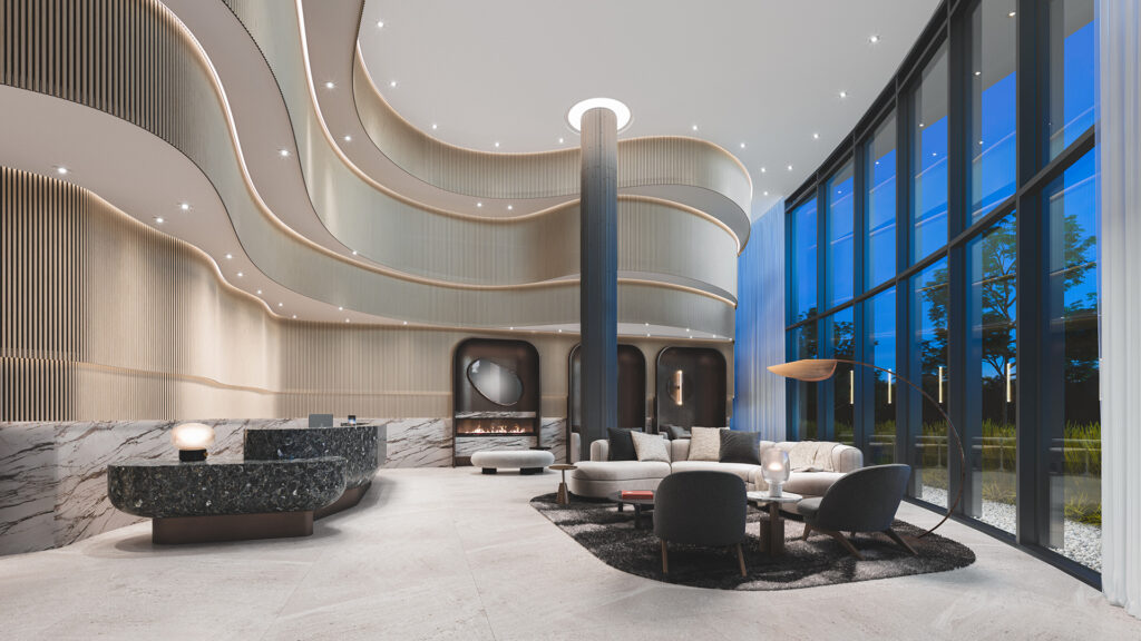 Elegant reception area and lounge in Bayview Woods featuring high ceilings and modern décor.